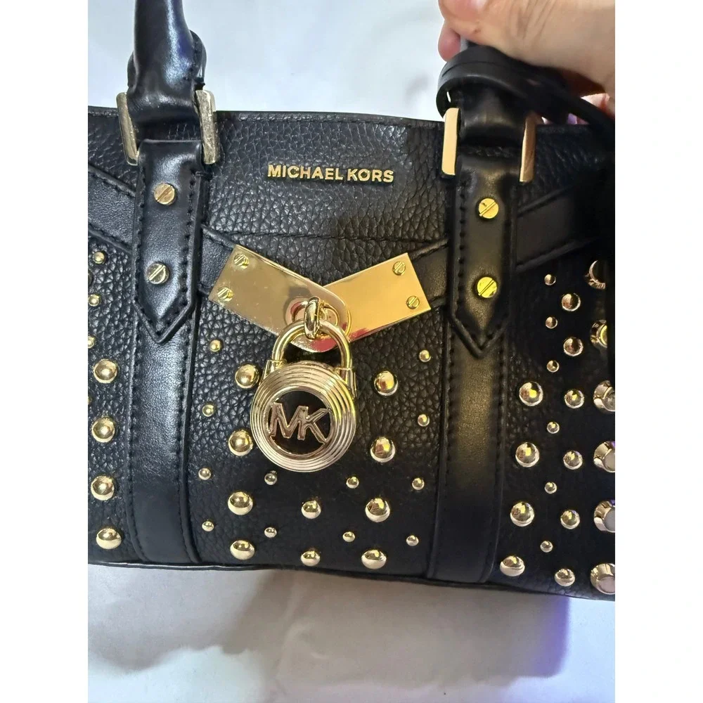 Michael Kors Hamilton Mini Messenger Black Pebbled Leather Studded Crossbody Bag